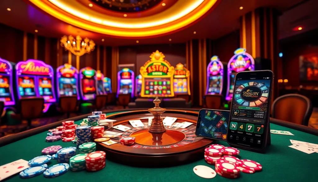 Engaging visuals of Trang Chủ BJ88 with luxury casino elements like poker chips and roulette wheels.