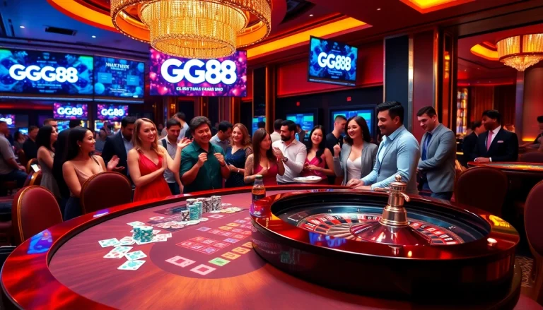 Play at GG88 with excitement and luxury in a vibrant casino scene featuring cards and roulette.