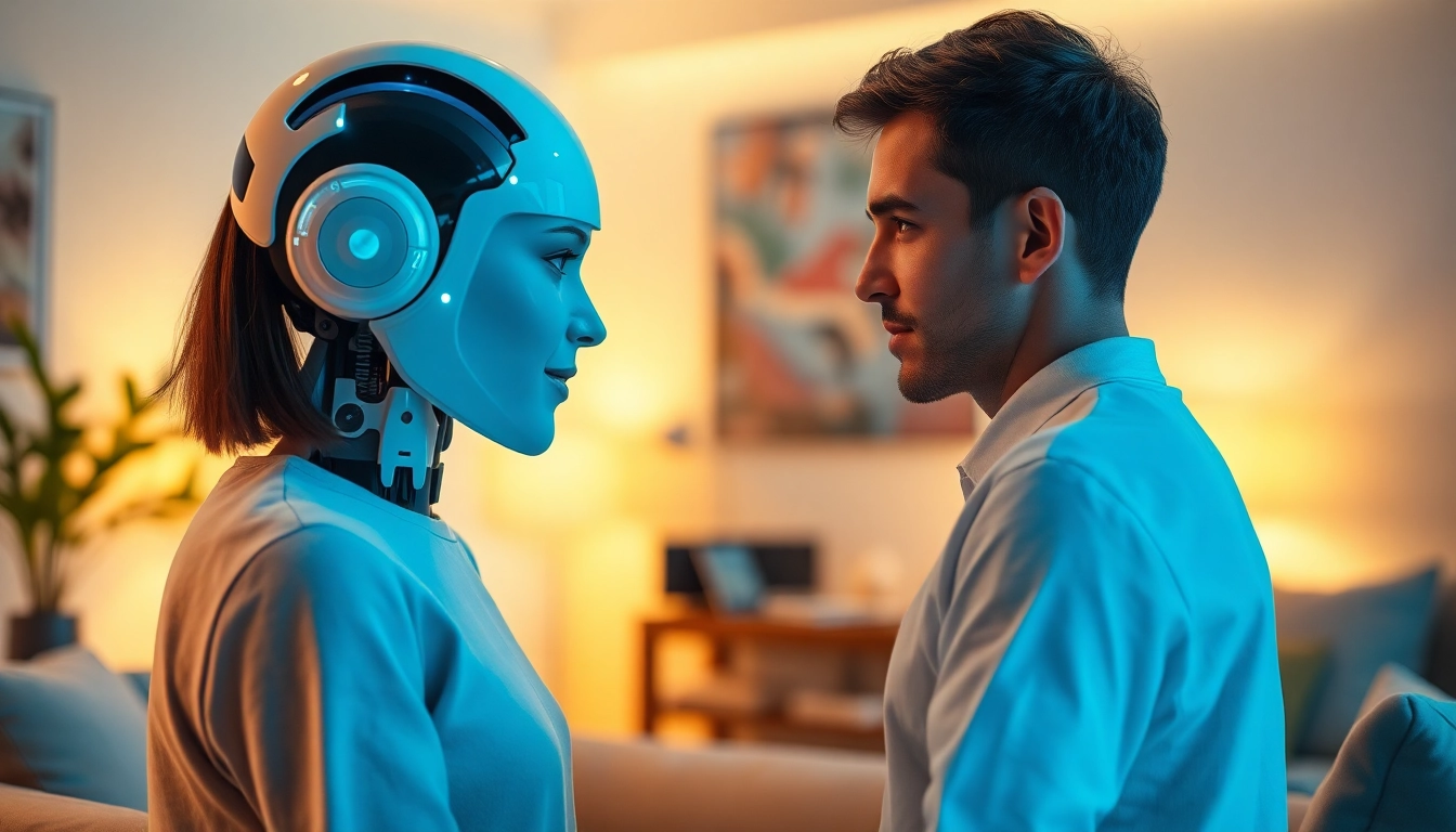 AI companion interacting with a user in a warm, inviting digital landscape, reflecting the essence of sex AI technology.