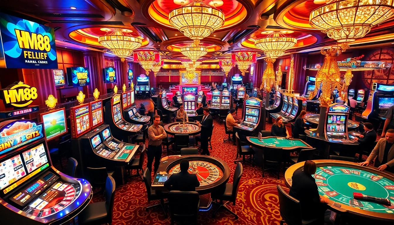 Players enjoying thrilling games at HM88 casino with vibrant slot machines and poker tables.