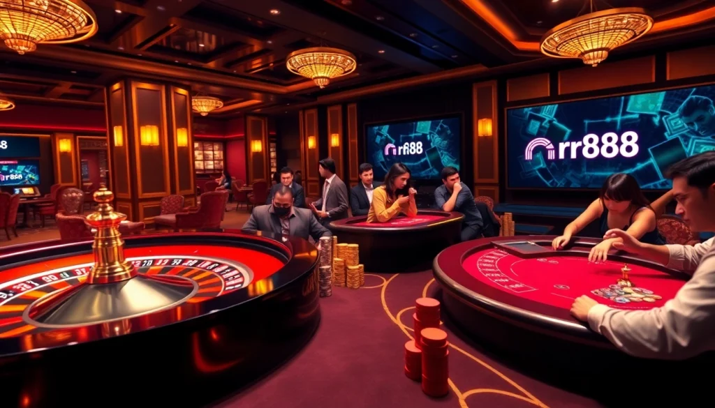 Players enjoying thrilling games like roulette and poker at rr88 casino, surrounded by luxury