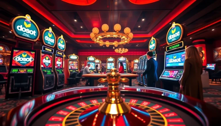 Engaging players winning at doaslot themed slot machines in a luxurious casino setting.