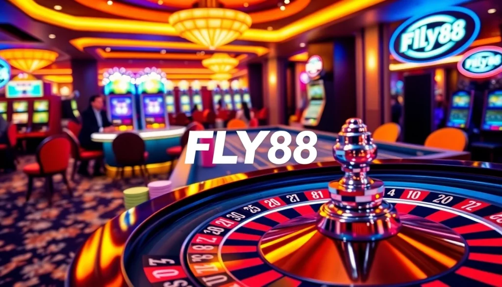 Experience the excitement of FLY88 as players engage at luxurious casino tables with vibrant roulette and blackjack.
