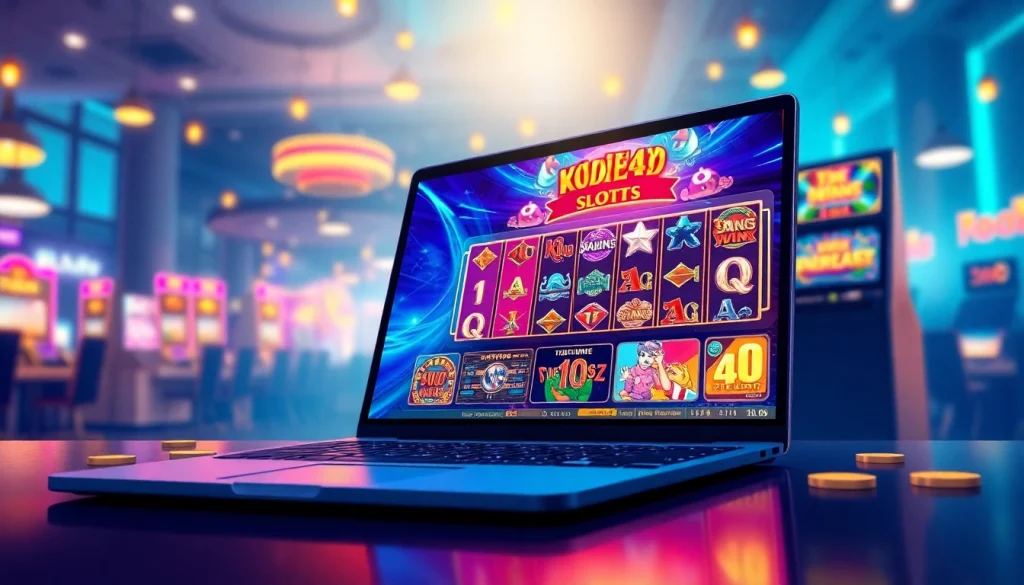 Engaging digital illustration of Kode4d link showing modern gaming interface with colorful slot machines.