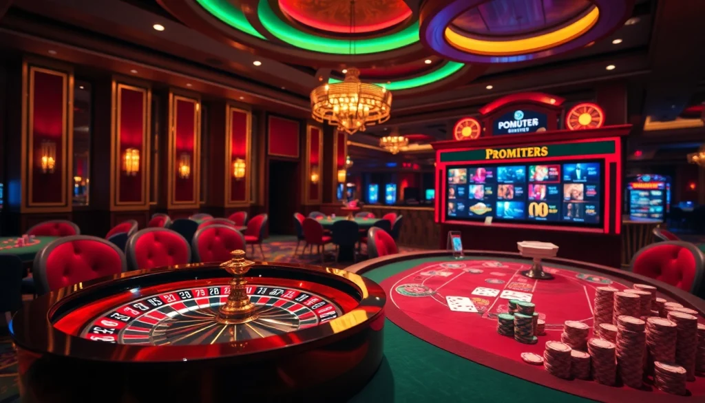 Exciting casino atmosphere featuring 상품권카드 promotions at a poker table with colorful chips and cards.