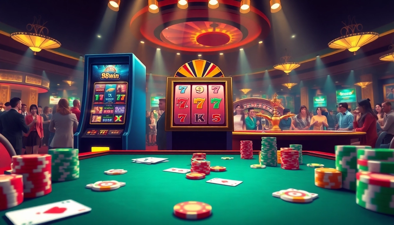 Engage with app 98win while winning at a vibrant casino table, surrounded by colorful chips and cards.