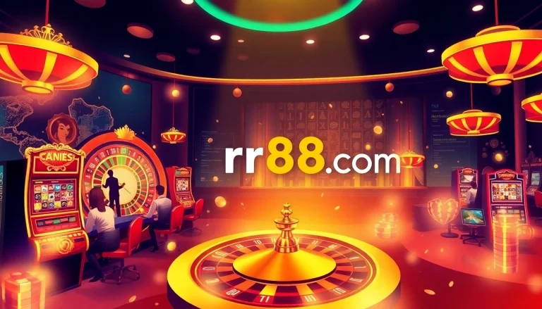 Experience the thrill of online gaming at rr88itcom with vibrant casino elements like slot machines and roulette.