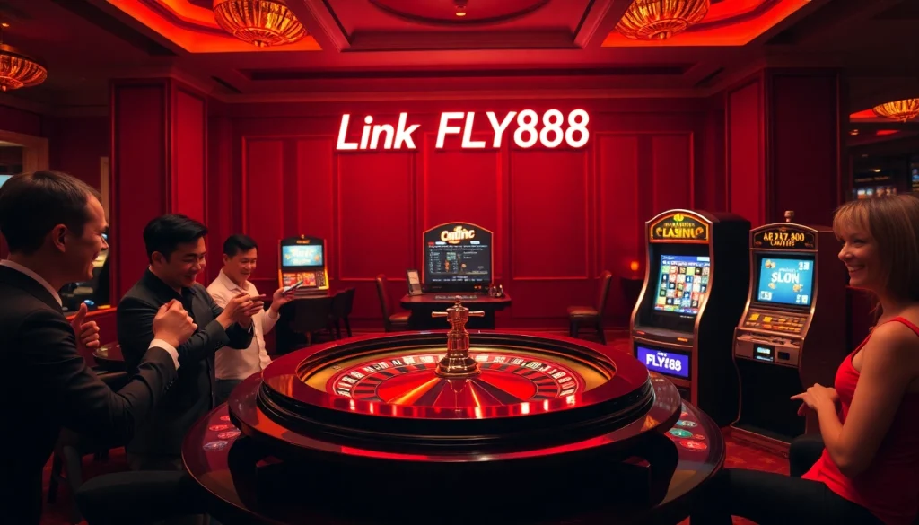 Experience the excitement of gambling with Link FLY88 at a luxurious casino scene featuring a roulette table.