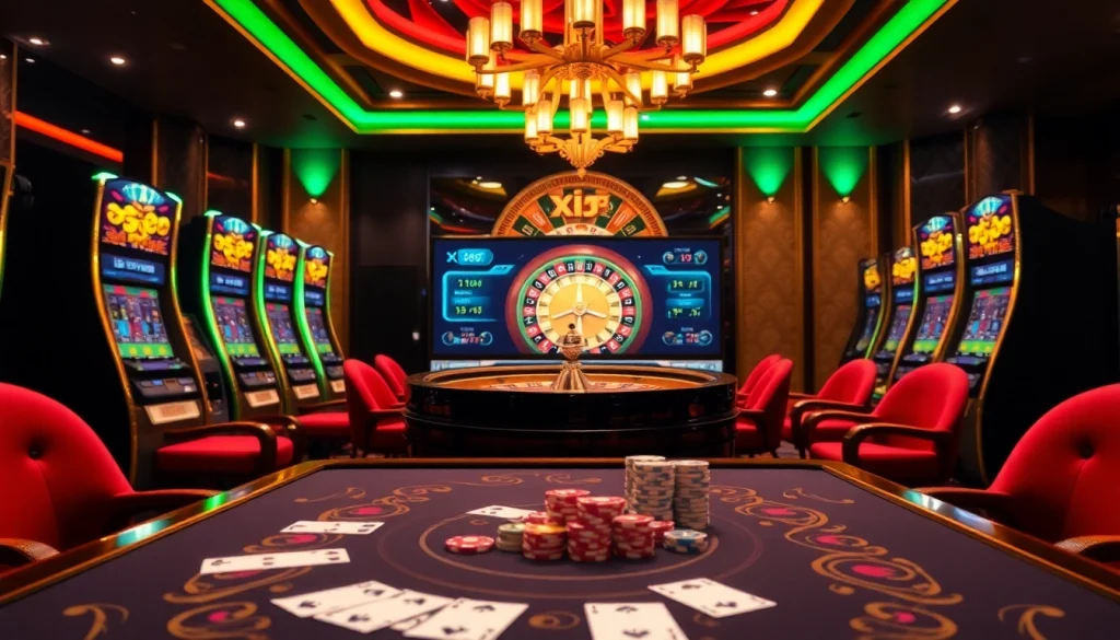 KP888 players engaging in a thrilling casino game with vibrant slots, cards, and roulette.