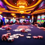 Players enjoying a thrilling moment at an 88vv casino table surrounded by colorful slot machines.