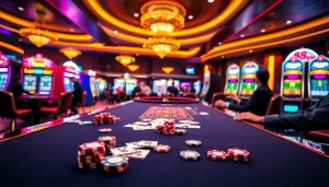 Players enjoying a thrilling moment at an 88vv casino table surrounded by colorful slot machines.