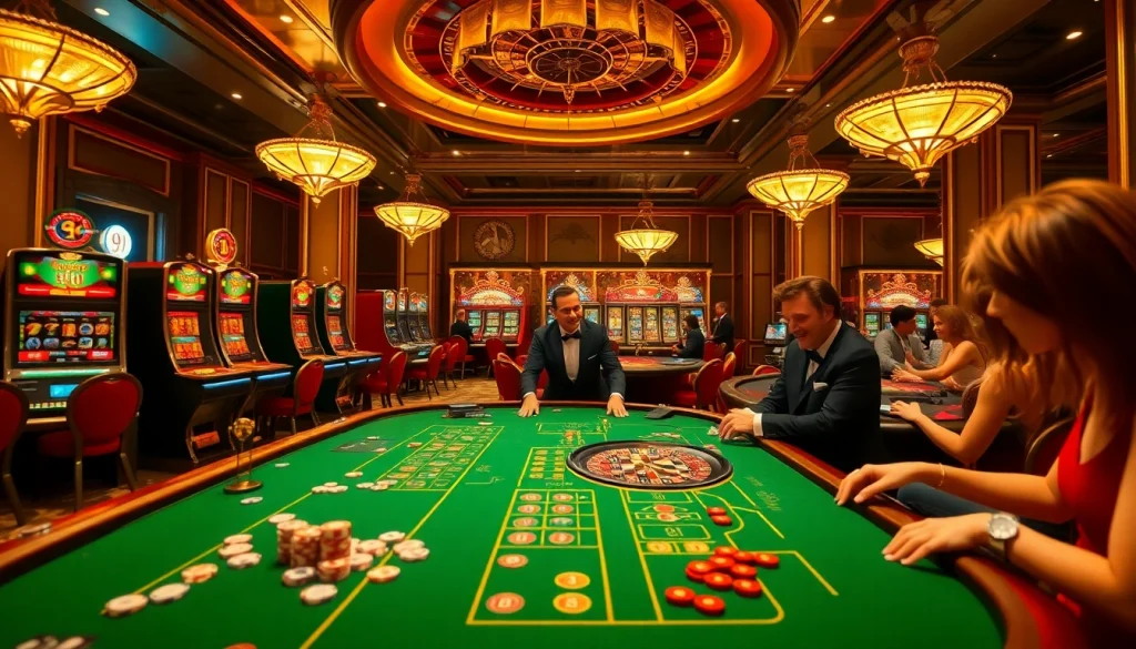 Experience the thrill of 9bet with elegant gambling tables, vibrant slot machines, and luxury betting ambiance.