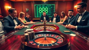 Experience the thrill of gaming at 888NOW COM with lively poker and roulette action depicted in a grand casino atmosphere.