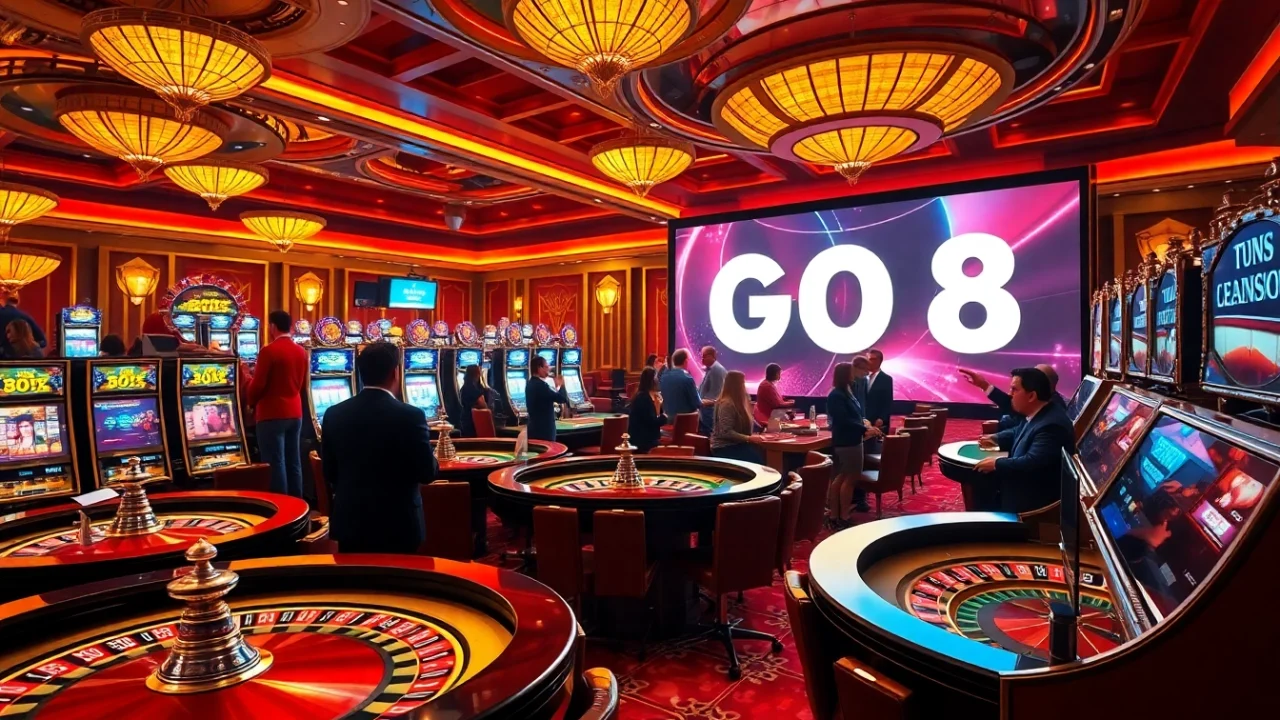 Exciting gaming action at GO8 casino with roulette, poker chips, and players betting.