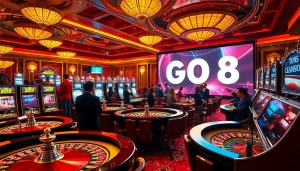 Exciting gaming action at GO8 casino with roulette, poker chips, and players betting.