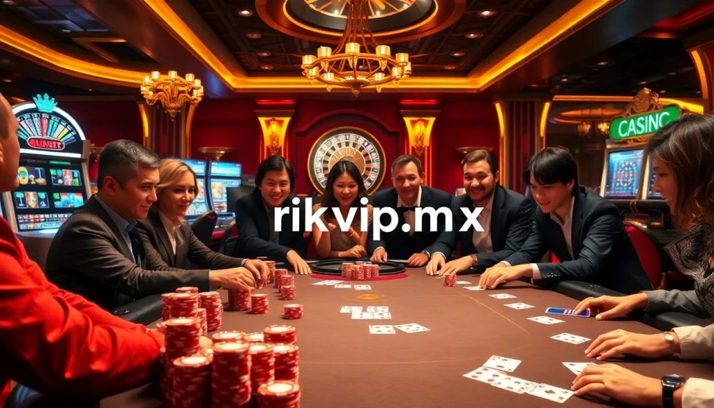 Engage in an exciting poker game at https://rikvip.mx/ with vibrant colors, chips, and cards.