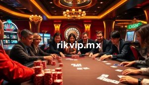 Engage in an exciting poker game at https://rikvip.mx/ with vibrant colors, chips, and cards.