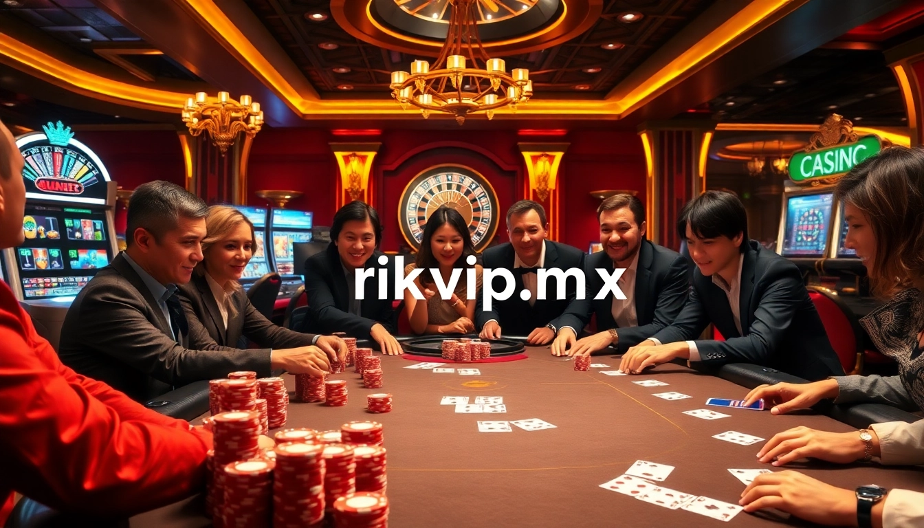 Engage in an exciting poker game at https://rikvip.mx/ with vibrant colors, chips, and cards.
