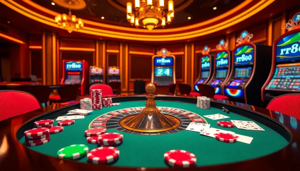Engage with strategic gameplay at rr88.com featuring a luxurious casino setting with roulette and poker elements.