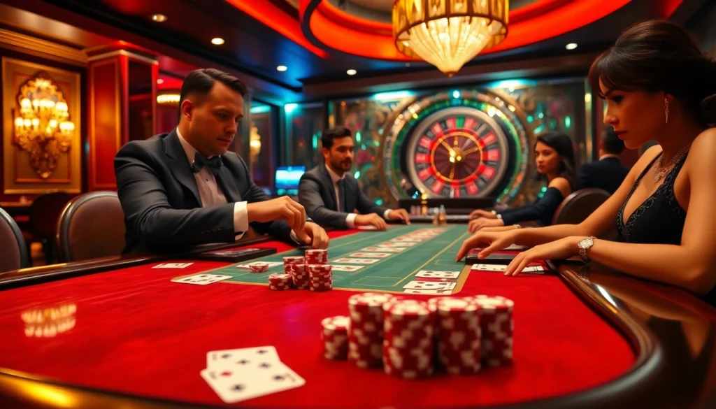 Engage in a thrilling poker game at a luxurious casino showcasing debet strategy and excitement.