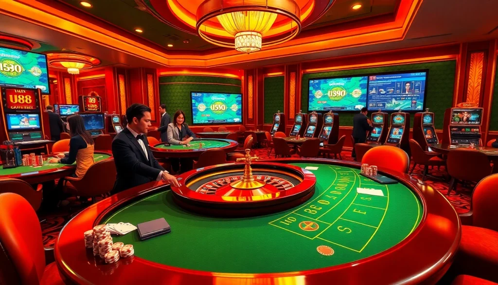 Experience the excitement of uu88 with vibrant casino visuals, engaging players at roulette and slot machines.