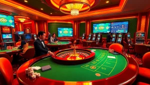 Experience the excitement of uu88 with vibrant casino visuals, engaging players at roulette and slot machines.
