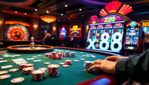 Experience thrilling gameplay with x88 at a luxury casino table filled with chips and cards.
