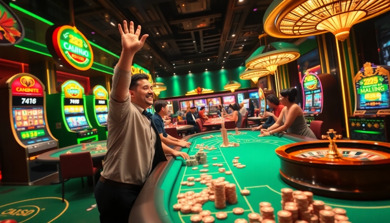 Players enjoying an exciting game night at 222BD casino, celebrating wins with vibrant slots and roulette.