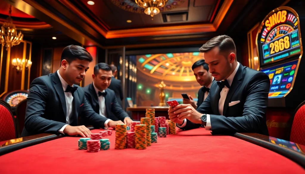 Exciting poker action at a luxurious casino table featuring dn888 chips and players in focus.