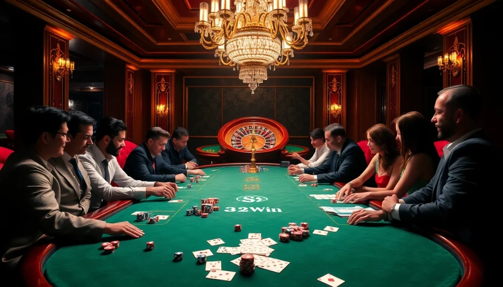 Engage in high-stakes gaming at nhà cái uy tín 32Win with vibrant poker chips and cards.