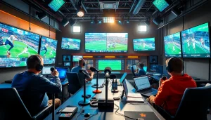 Engaging Sports Broadcasting setup showcasing dynamic analysis and vibrant graphics for live sports.