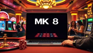 Experience the thrill of MK 8 at a luxurious casino table with vibrant poker chips and glowing slot machines.