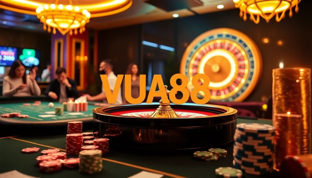 Players enjoy thrilling games at VUA88 online, showcasing vibrant casino tables and roulette excitement.