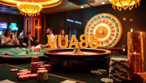 Players enjoy thrilling games at VUA88 online, showcasing vibrant casino tables and roulette excitement.