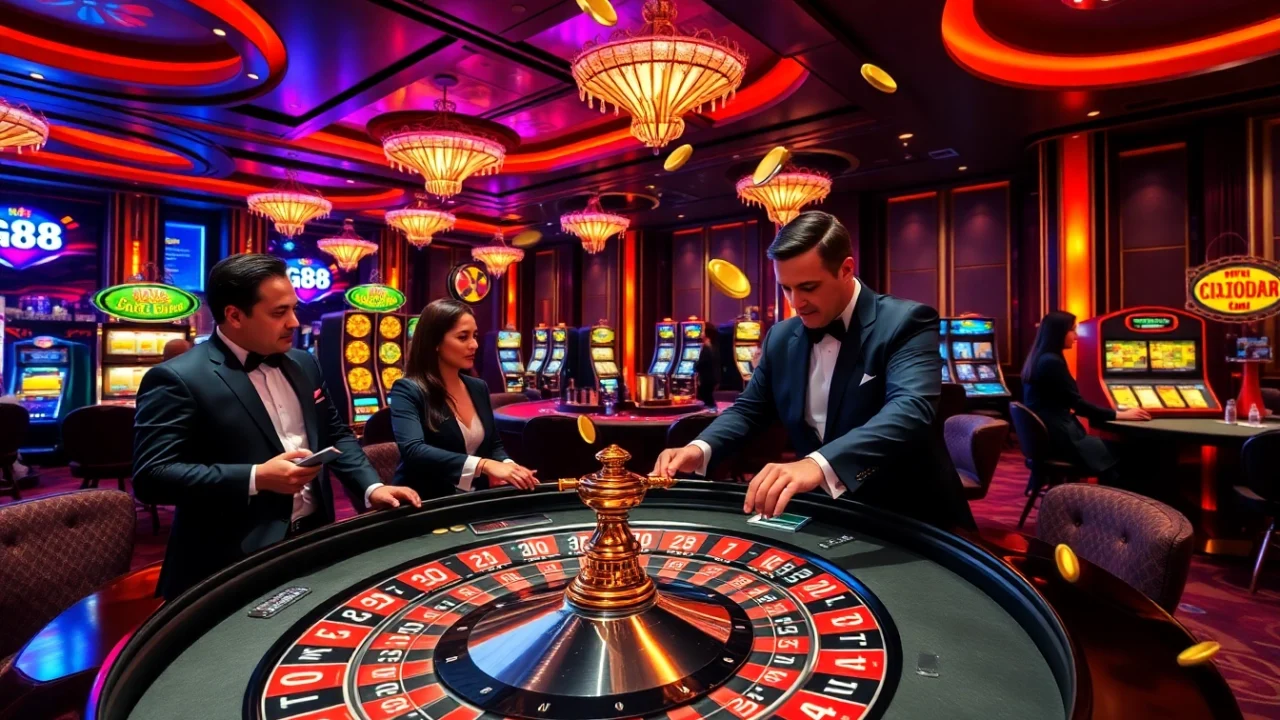 Experience the thrill of Gg88 Com at a vibrant roulette table in a luxurious casino.