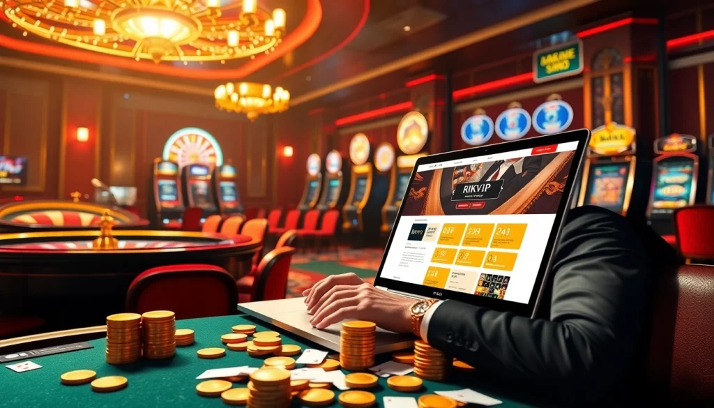 A player engaging with the RIKVIP online gaming interface in a luxurious casino setting.