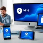 在现代数字工作空间的设备上展示的快连VPN，展现安全性与连通性。