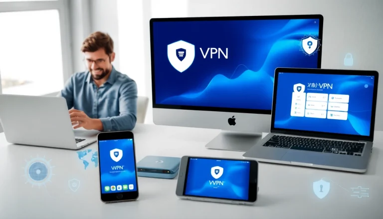 在现代数字工作空间的设备上展示的快连VPN，展现安全性与连通性。