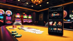 Nạp tiền 33win with excitement at a vibrant casino table and digital interface.