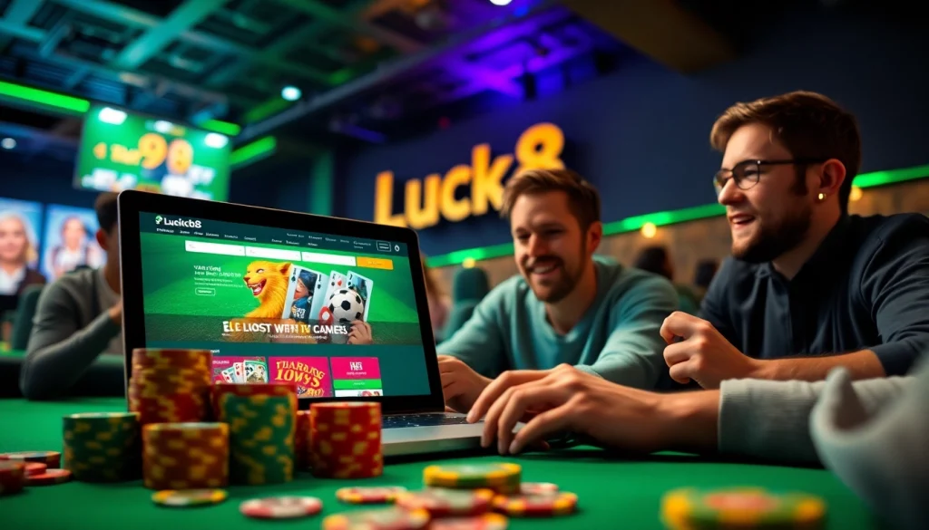 Dynamic gaming scene representing luck8win.live with online casino interfaces and vibrant colors.