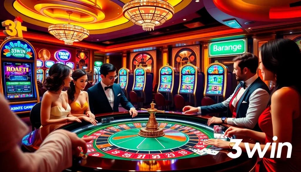 33win players enjoying the excitement of a luxurious casino roulette table surrounded by vibrant slot machines.