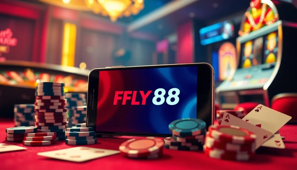 Play games on the FLY88 App amidst the excitement of casino elements like cards and roulette.