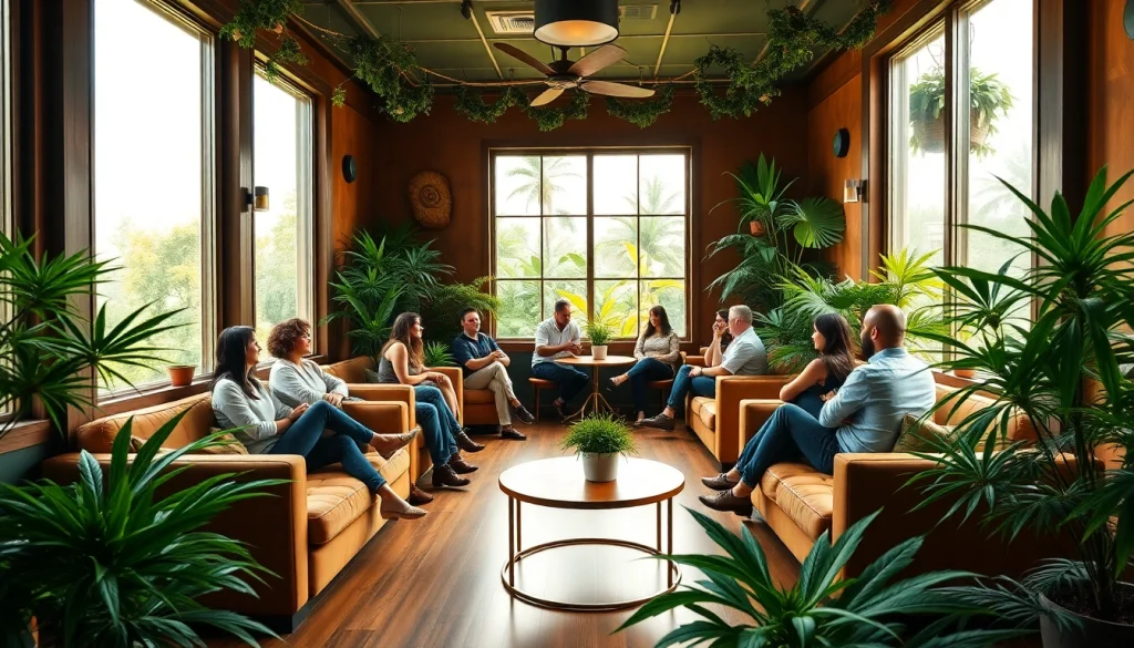 Les membres se détendent et socialisent à The Corner Cannabis Club Madrid dans une ambiance chaleureuse.