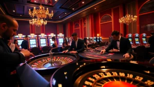 Engaging players at fb88 casino tables, showcasing an exciting gambling atmosphere with roulette and poker.