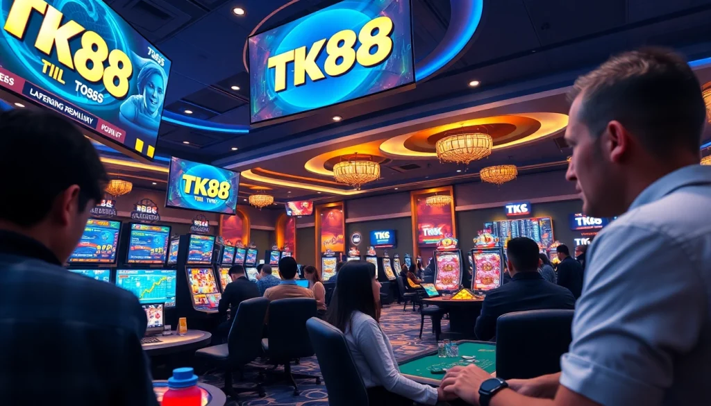 Interactive online casino scene with TK88 branding, showcasing slots and poker games at tk88win.live.