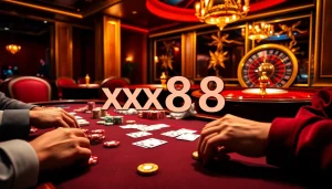 Action-packed poker game at a luxurious casino table featuring xx88 poker chips and cards