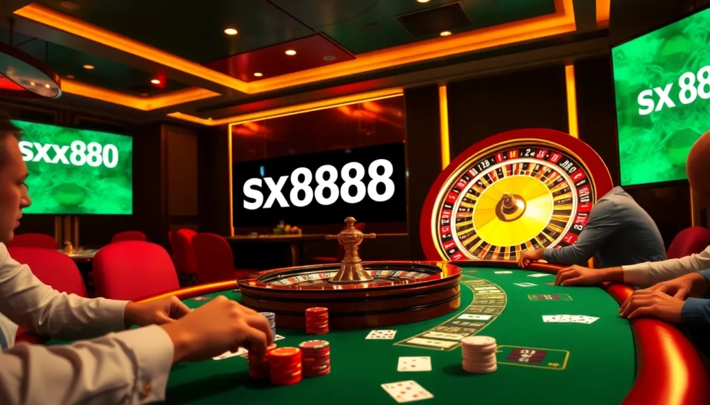 SX888 gaming table with poker chips and roulette wheel, showcasing excitement in casino gaming.