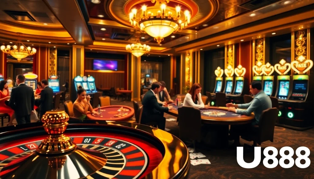 Experience excitement at nhà cái uy tín UU88 with engaged gamblers around roulette and poker tables.