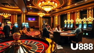 Experience excitement at nhà cái uy tín UU88 with engaged gamblers around roulette and poker tables.