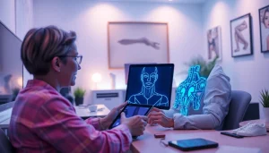 Engaging user interacting with NSFW AI character on a modern tablet in a cozy workspace.